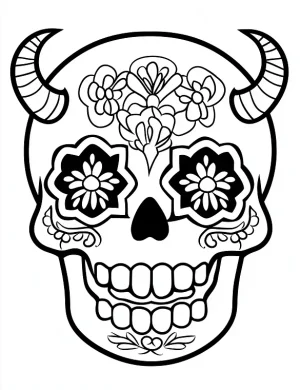 Playful Sugar Skull With Horns Coloring Page by Mindset Flow
