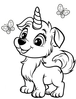 Playful Unicorn Dog Chasing Butterflies Coloring Page