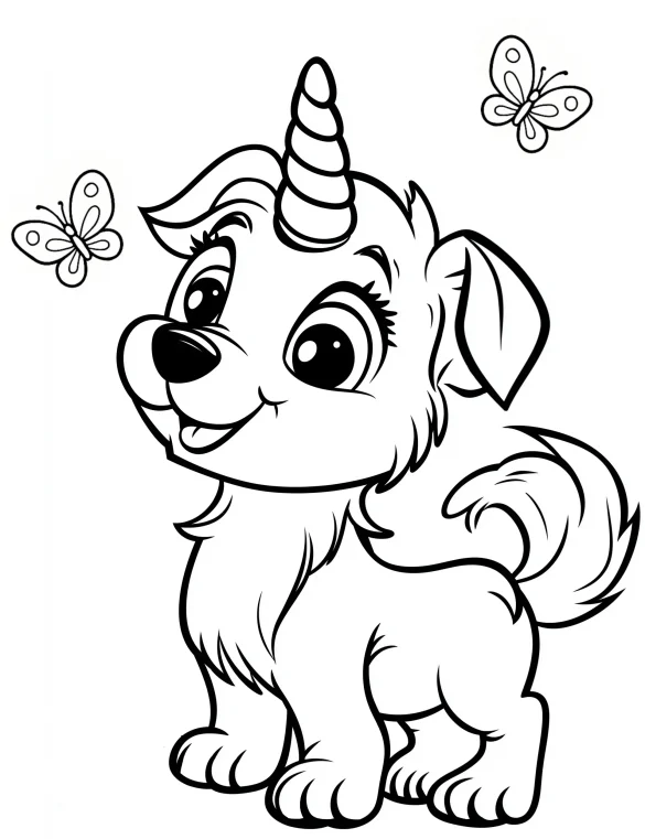 Playful Unicorn Dog Chasing Butterflies Coloring Page