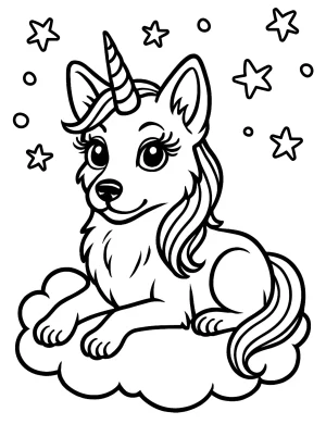 Playful Unicorn Dog Lying on a Cloud Coloring Page
