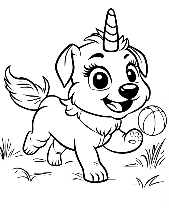 Playful Unicorn Dog Running with Ball in the Grass Coloring Page