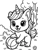 Playful Unicorn Dog with Ball in Enchanted Forest Coloring Page