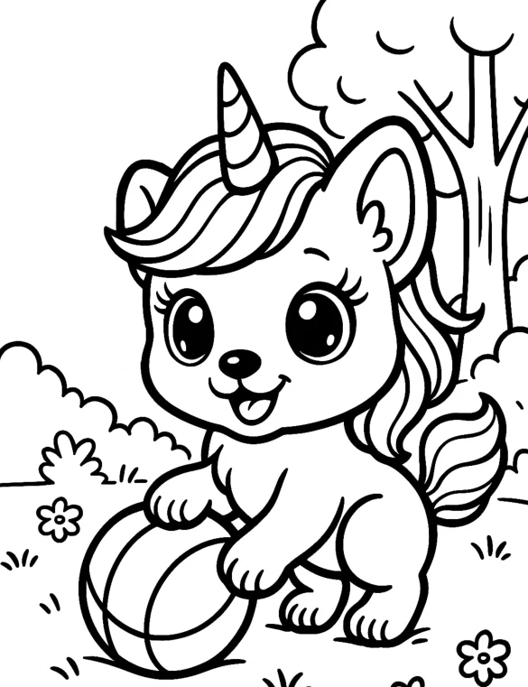 Playful Unicorn Dog with Ball in Enchanted Forest Coloring Page
