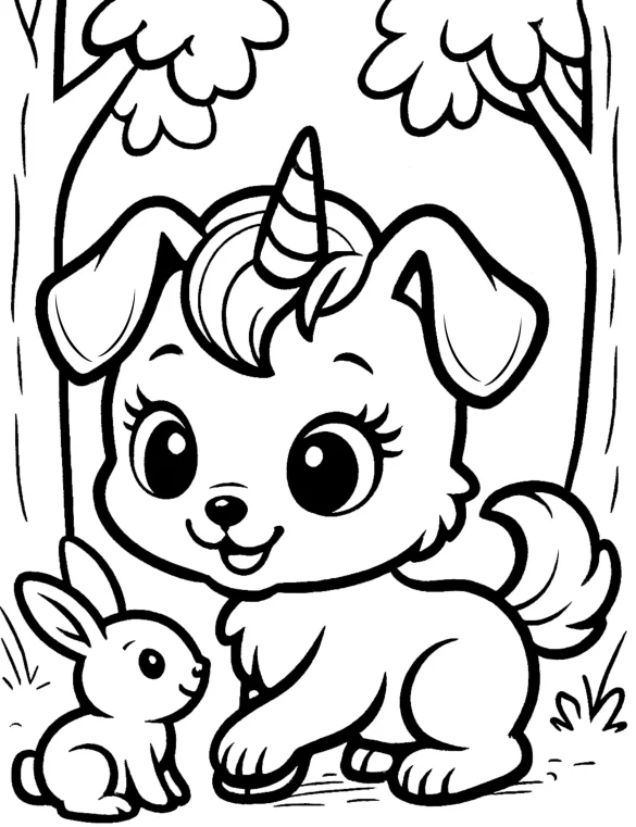 Playful Unicorn Dog with Bunny in the Forest Coloring Page