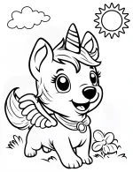 Playful Unicorn Dog with Wings and Sun Coloring Page