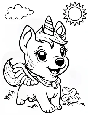 Playful Unicorn Dog with Wings and Sun Coloring Page