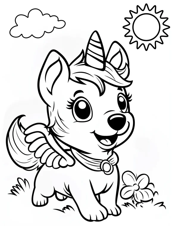 Playful Unicorn Dog with Wings and Sun Coloring Page