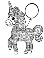 Playful Unicorn Holding Balloon Mandala Coloring Page