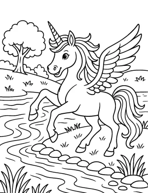 Playful Unicorn Pegasus with Wings by the River Coloring Page