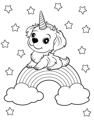 Playful Unicorn Puppy Sitting on Rainbow with Stars Coloring Page