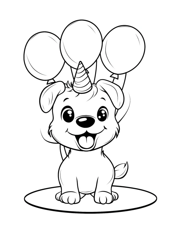 Playful Unicorn Puppy with Balloons Coloring Page