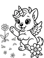 Playful Unicorn Puppy with Wings and Flowers Coloring Page