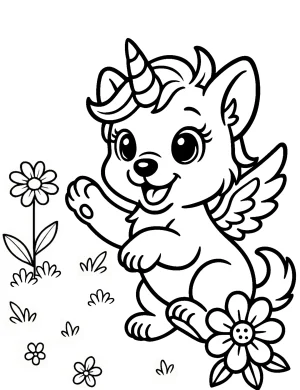 Playful Unicorn Puppy with Wings and Flowers Coloring Page