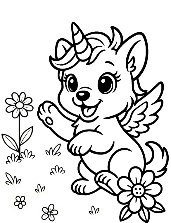 Playful Unicorn Puppy with Wings and Flowers Coloring Page