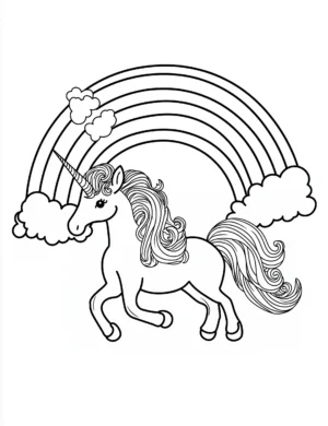 Playful Unicorn with Flowing Mane and Rainbow Coloring Page