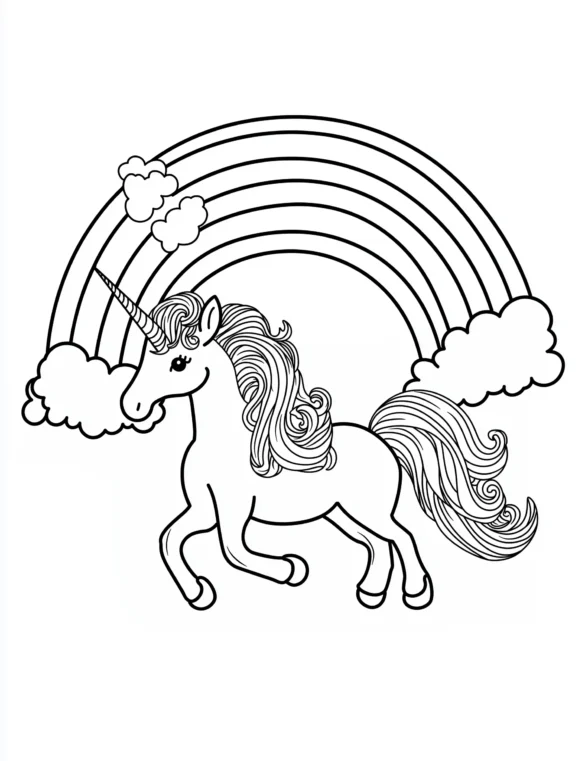 Playful Unicorn with Flowing Mane and Rainbow Coloring Page Playful Unicorn with Flowing Mane and Rainbow Coloring Page