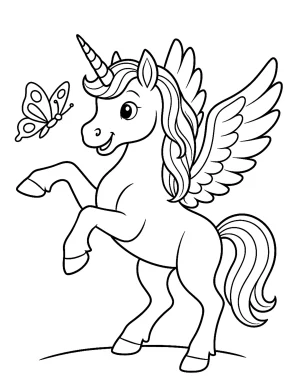 Playful Unicorn with Wings and Butterfly Coloring Page