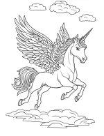 Playful Unicorn with Wings and Clouds Coloring Page