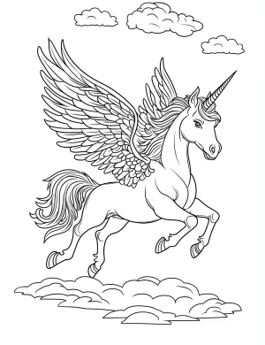 Playful Unicorn with Wings and Clouds Coloring Page