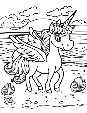 Playful Unicorn with Wings by the Beach Coloring Page