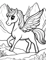 Playful Unicorn with Wings by the Mountain Coloring Page