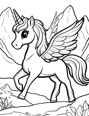 Playful Unicorn with Wings by the Mountain Coloring Page