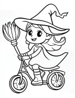 Playful Witch on Bicycle Halloween Coloring Page by Mindset Flow