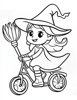 Playful Witch on Bicycle Halloween Coloring Page by Mindset Flow