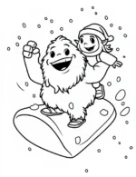 Playful Yeti and Elf Sliding in Snow Coloring Page By Mindset Flow