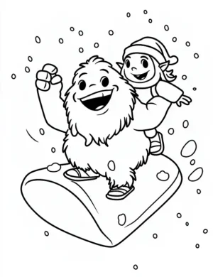Playful Yeti and Elf Sliding in Snow Coloring Page By Mindset Flow