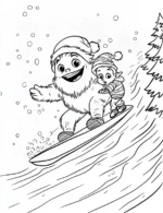 Playful Yeti and Elf Snowboarding Coloring Page By Mindset Flow