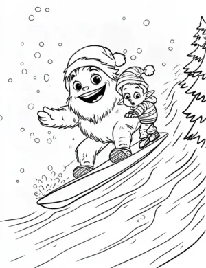 Playful Yeti and Elf Snowboarding Coloring Page By Mindset Flow