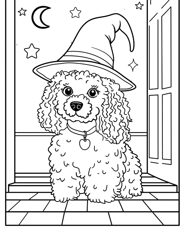 Poodle in Witch Hat Halloween Coloring Page By Mindset Flow