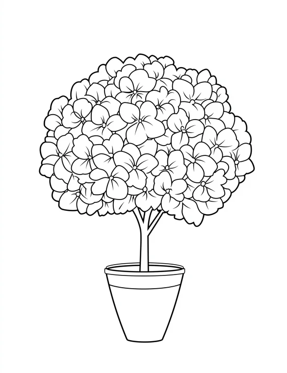 Potted Flower Tree with Fluffy Rounded Blossoms Coloring Page