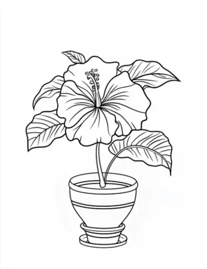 Potted Hibiscus With Leaves Flower Coloring Page By Mindset Flow