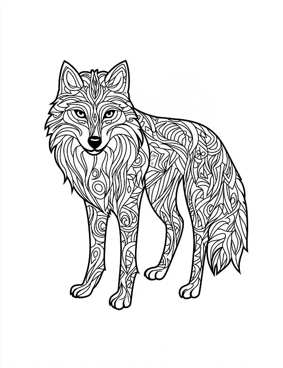 Powerful Standing Wolf Mandala with Decorative Fur Patterns Coloring Page by Mindset Flow