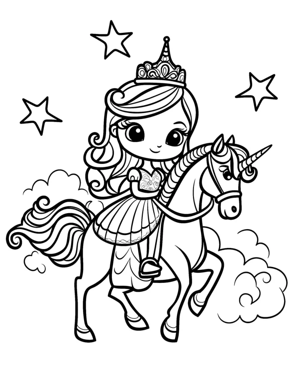Princess Riding Celestial Unicorn with Stars and Clouds Coloring Page
