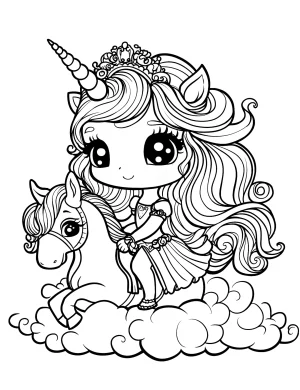 Princess Riding a Unicorn on Clouds with Crown Coloring Page