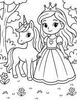 Princess Unicorn in Enchanted Forest with Flowers Coloring Page