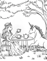 Princess and Unicorn Tea Party in the Garden Coloring Page