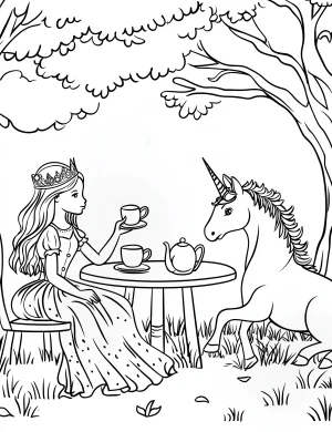 Princess and Unicorn Tea Party in the Garden Coloring Page