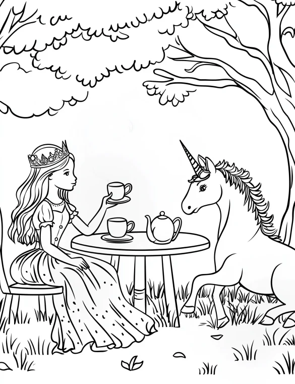 Princess and Unicorn Tea Party in the Garden Coloring Page