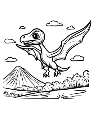 Pterodactyl Flying Over Volcano and Clouds Coloring Page