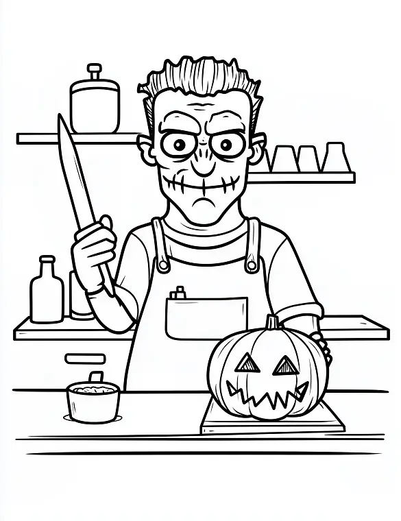 Pumpkin Carving with Knife Halloween Coloring Page by Mindset Flow