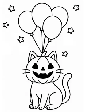 Pumpkin Cat Floating with Balloons Halloween Coloring Page by Mindset Flow