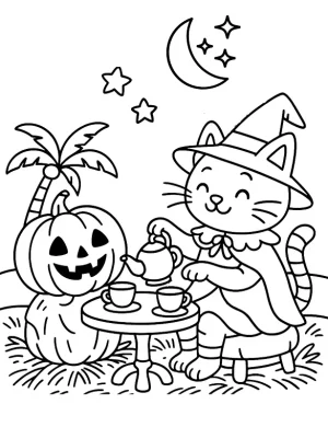 Pumpkin Cat Tea Party Halloween Coloring Page by Mindset Flow