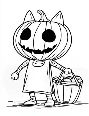 Pumpkin Cat with Basket of Fruits Halloween Coloring Page by Mindset Flow