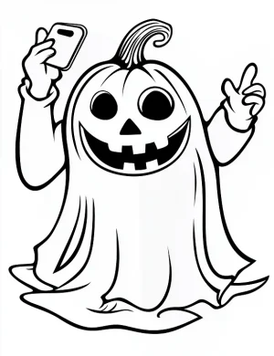 Pumpkin Ghost Taking a Selfie Halloween Coloring Page by Mindset Flow