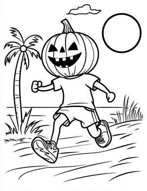 Pumpkin Head Running on the Beach Halloween Coloring Page by Mindset Flow
