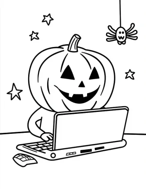 Pumpkin Headed Character Using Laptop Halloween Coloring Page by Mindset Flow